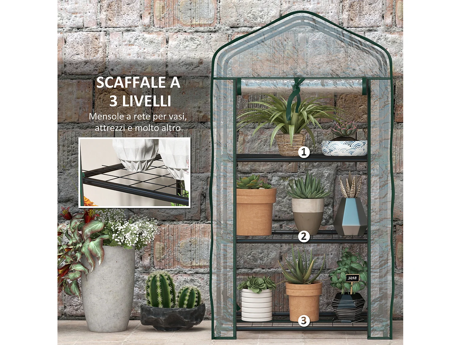 Serra da giardino a 3 livelli con copertura avvolgibile trasparente