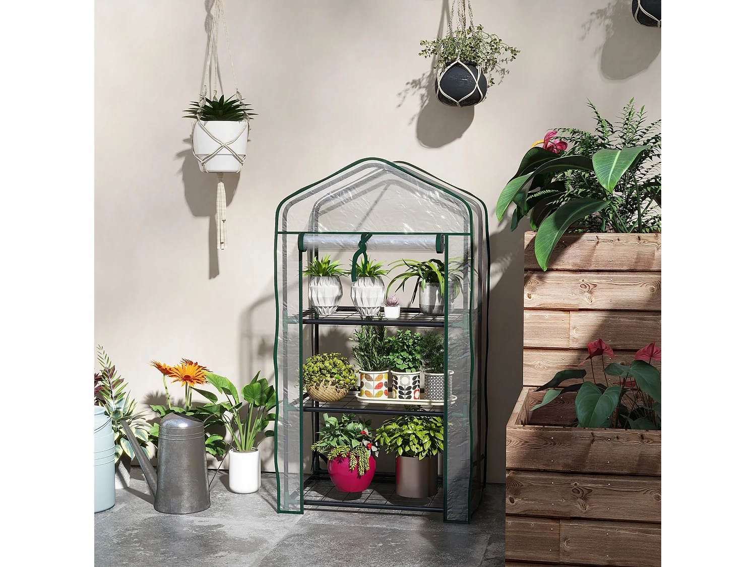 Serra da giardino a 3 livelli con copertura avvolgibile trasparente