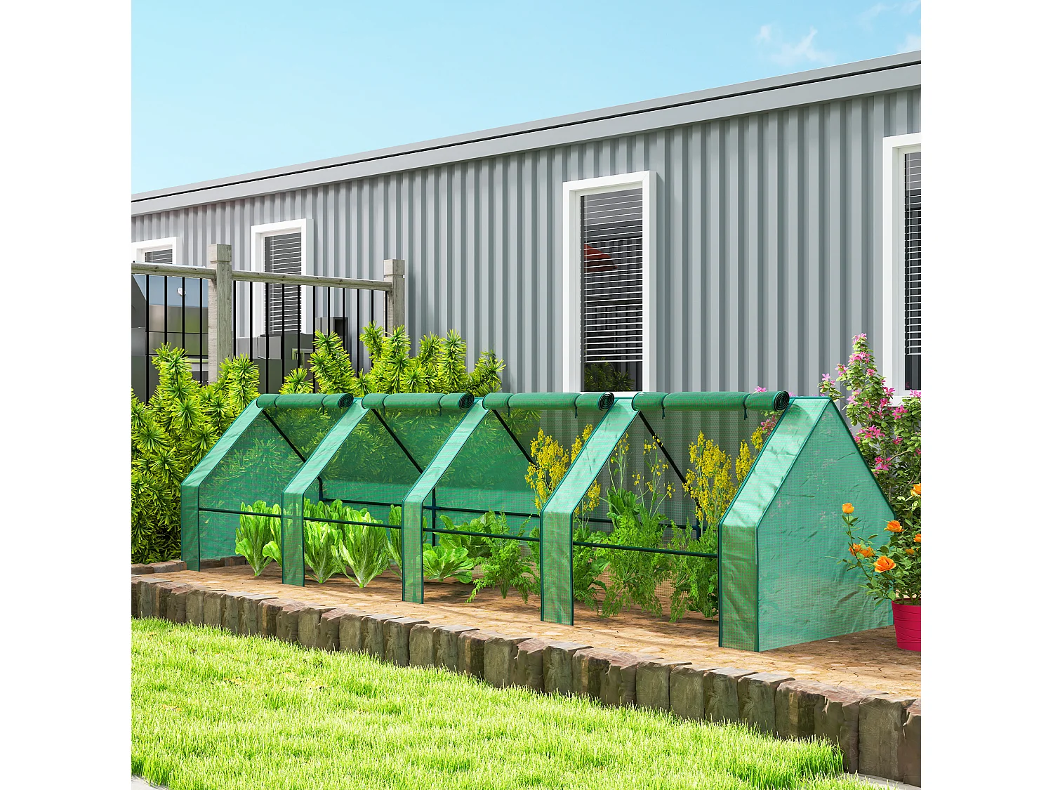 Mini serra da giardino a 4 porte arrotolabili in acciaio e pe verde