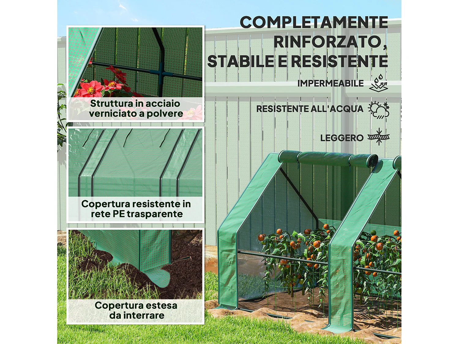 Mini serra da giardino a 4 porte arrotolabili in acciaio e pe verde