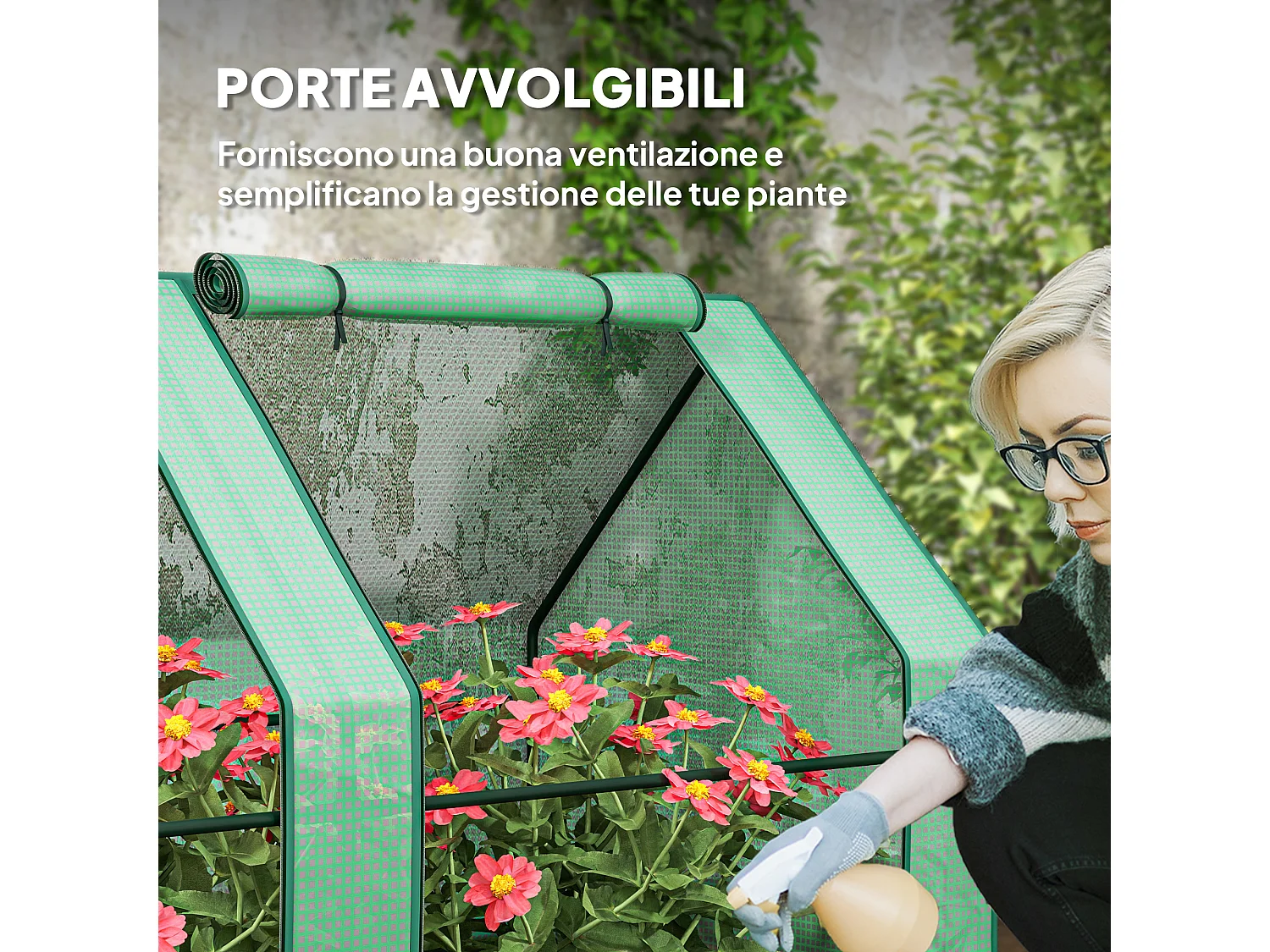 Mini serra da giardino a 4 porte arrotolabili in acciaio e pe verde