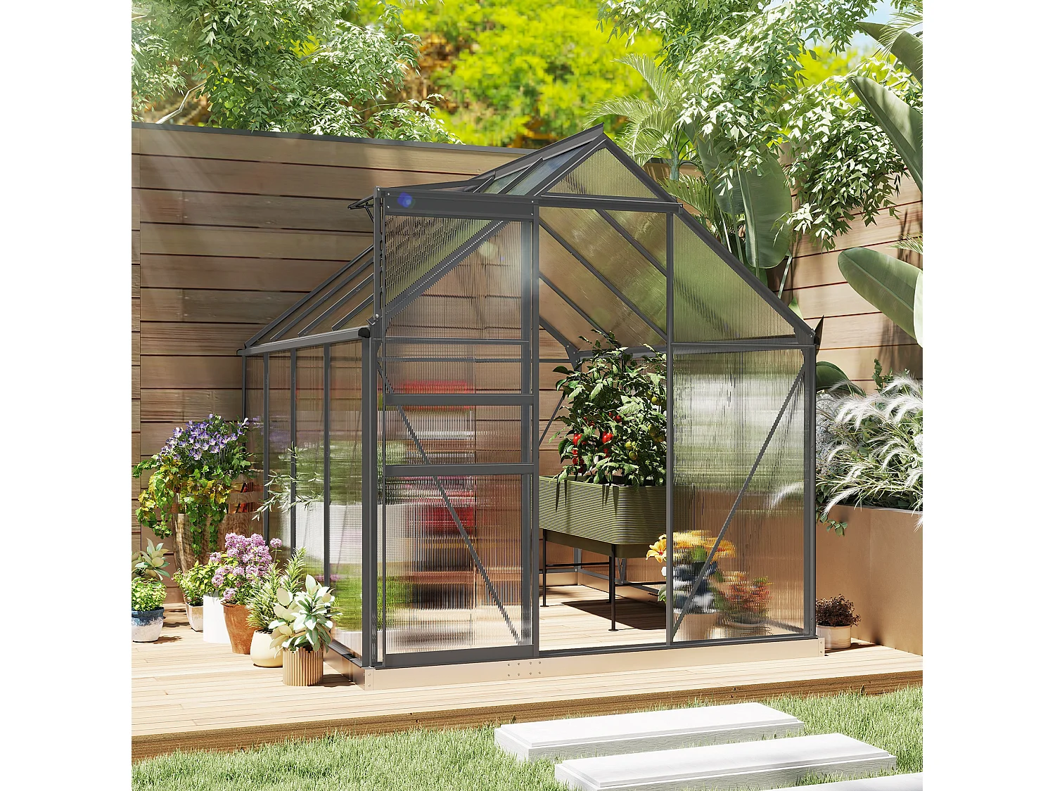 Serra in policarbonato con finestra apribile e porta scorrevole grigio