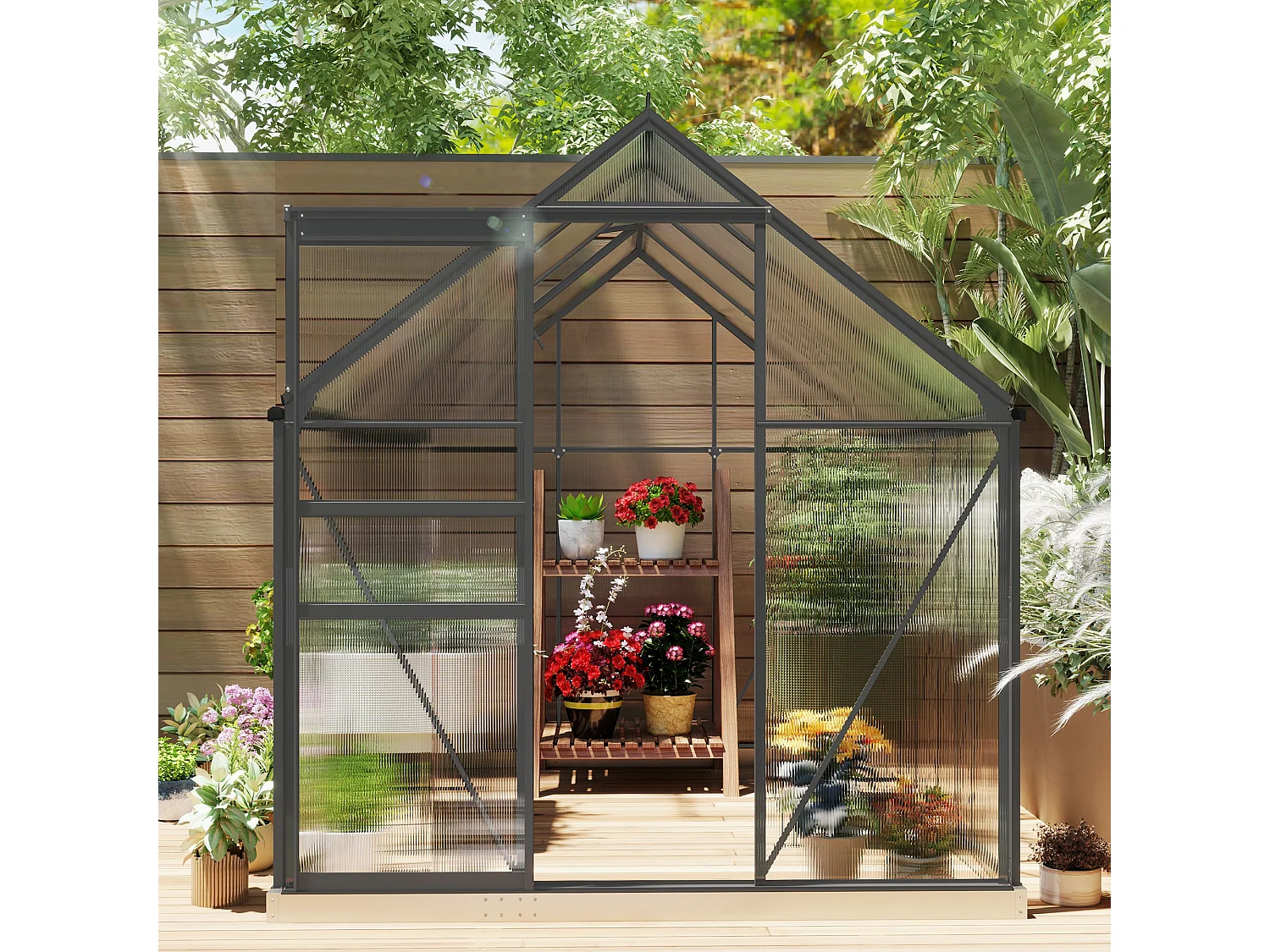 Serra in policarbonato con finestra apribile e porta scorrevole grigio