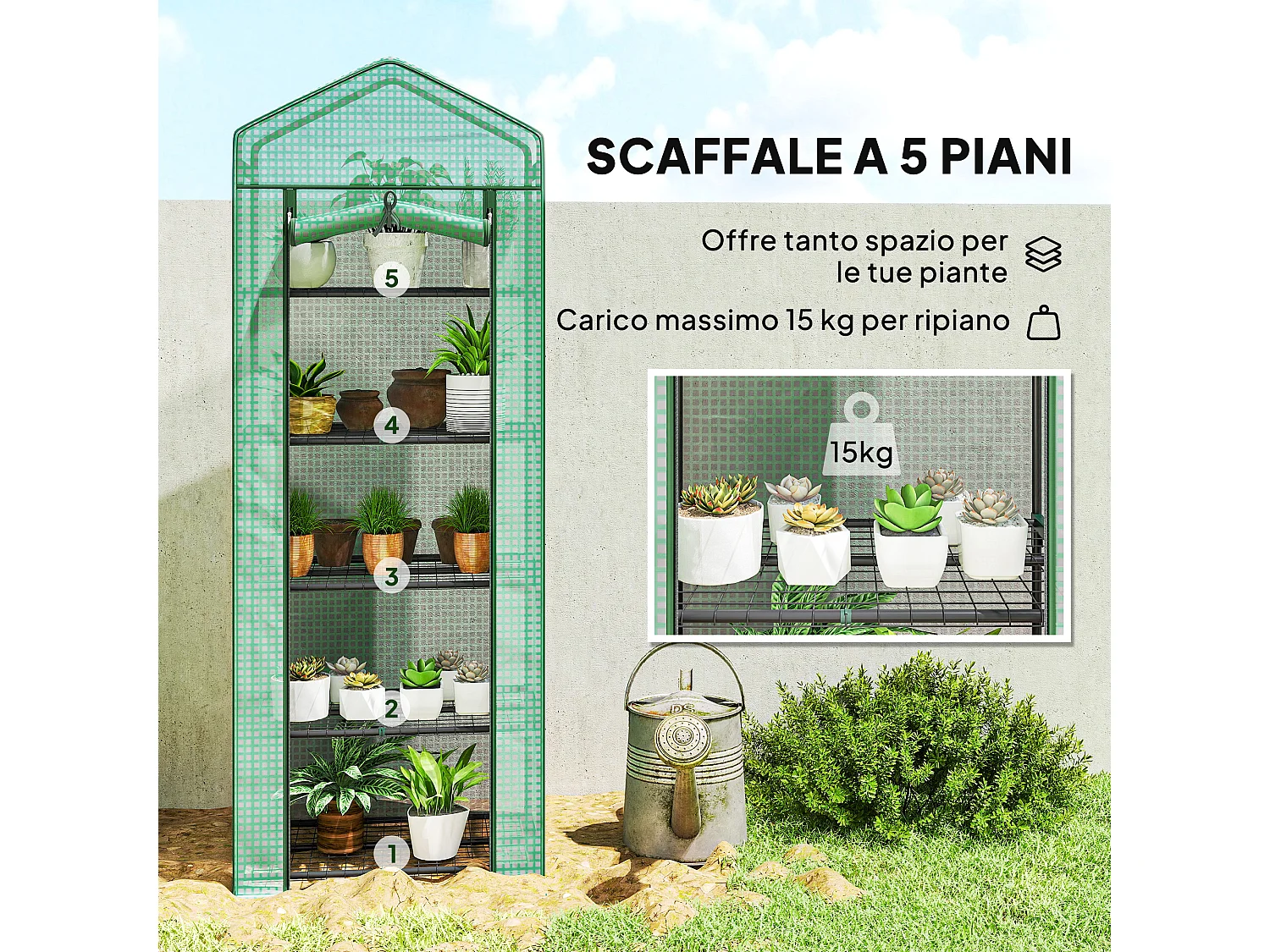 Serra per piante a 5 livelli in acciaio e pe 69x49x193 cm verde