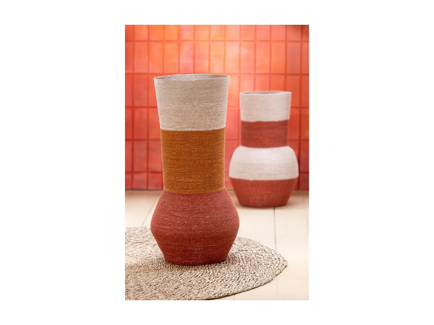 Vase Déco en Jonc "Rayures" 52cm Naturel & Terracotta