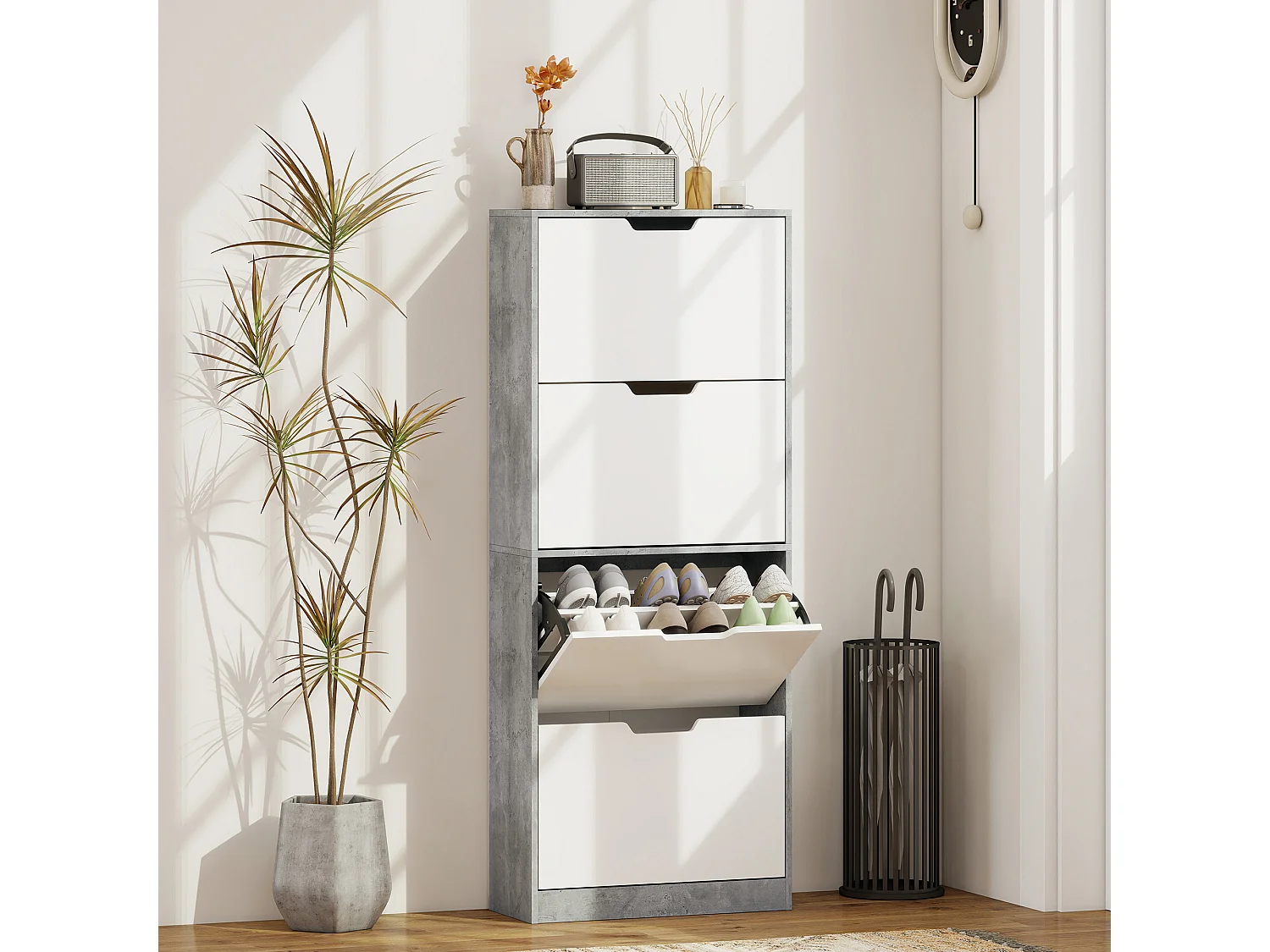 Scarpiera salvaspazio moderna 4 ante per 16 paia di scarpe grigio