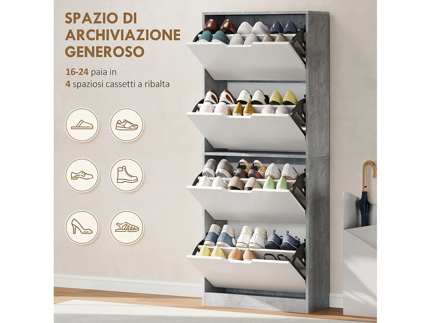 Scarpiera salvaspazio moderna 4 ante per 16 paia di scarpe grigio