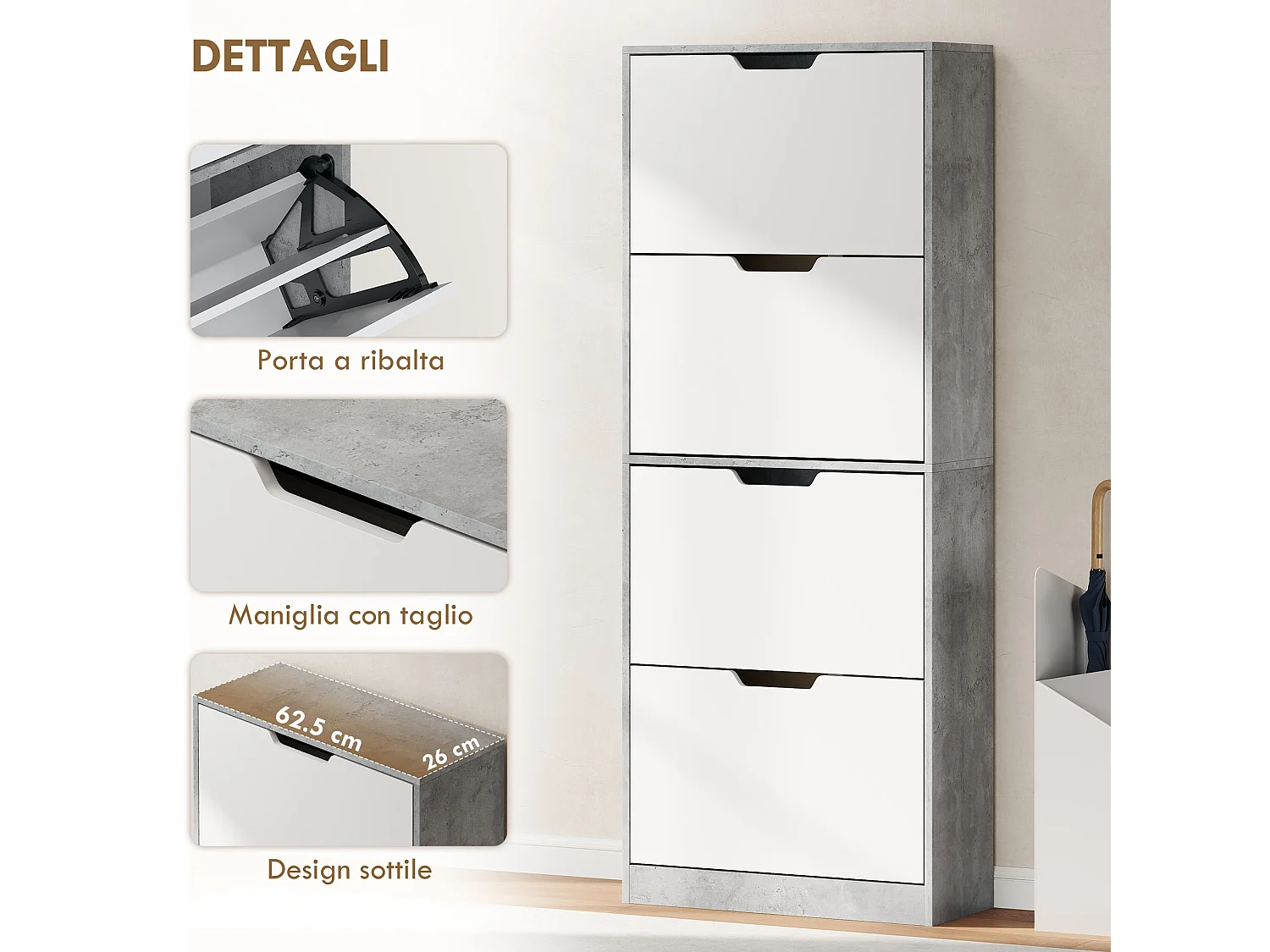 Scarpiera salvaspazio moderna 4 ante per 16 paia di scarpe grigio