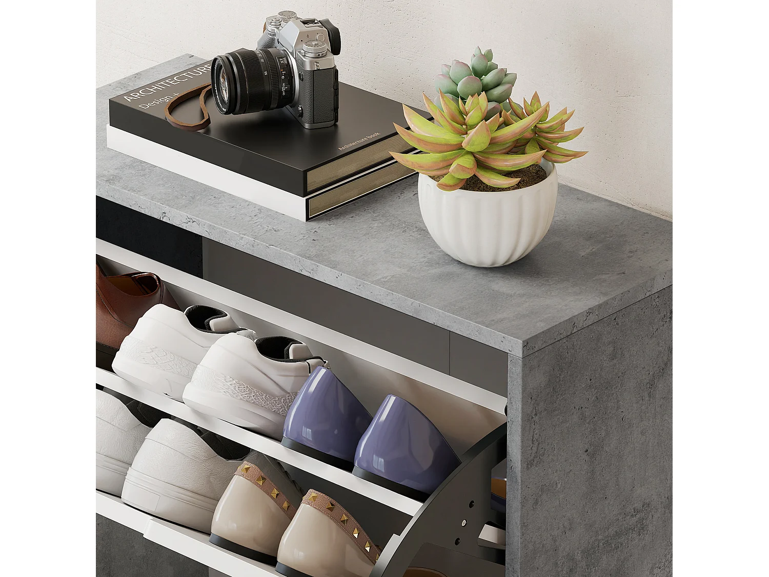 Scarpiera salvaspazio moderna 4 ante per 16 paia di scarpe grigio