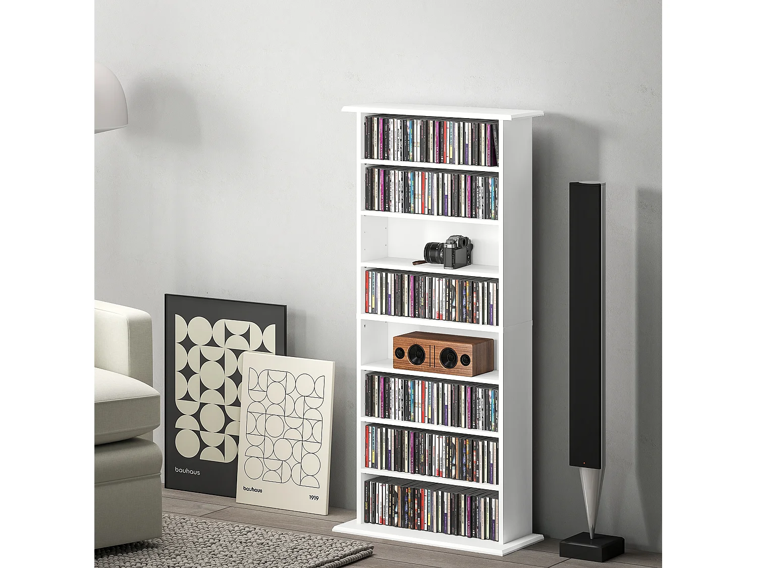 Scaffale porta cd con 6 ripiani regolabili in legno bianco