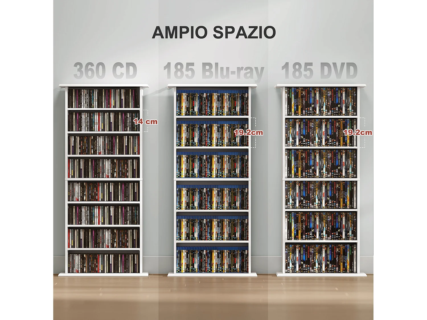 Scaffale porta cd con 6 ripiani regolabili in legno bianco