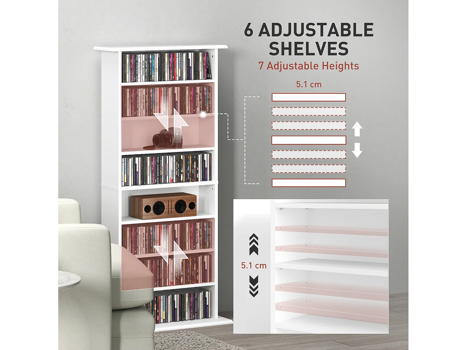 Scaffale porta cd con 6 ripiani regolabili in legno bianco