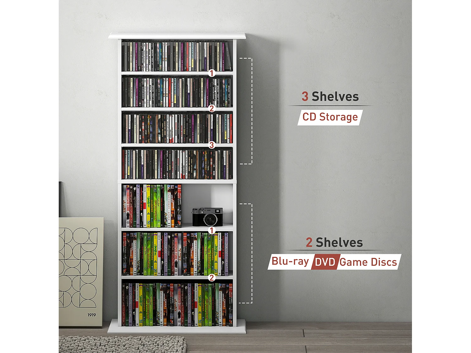 Scaffale porta cd con 6 ripiani regolabili in legno bianco