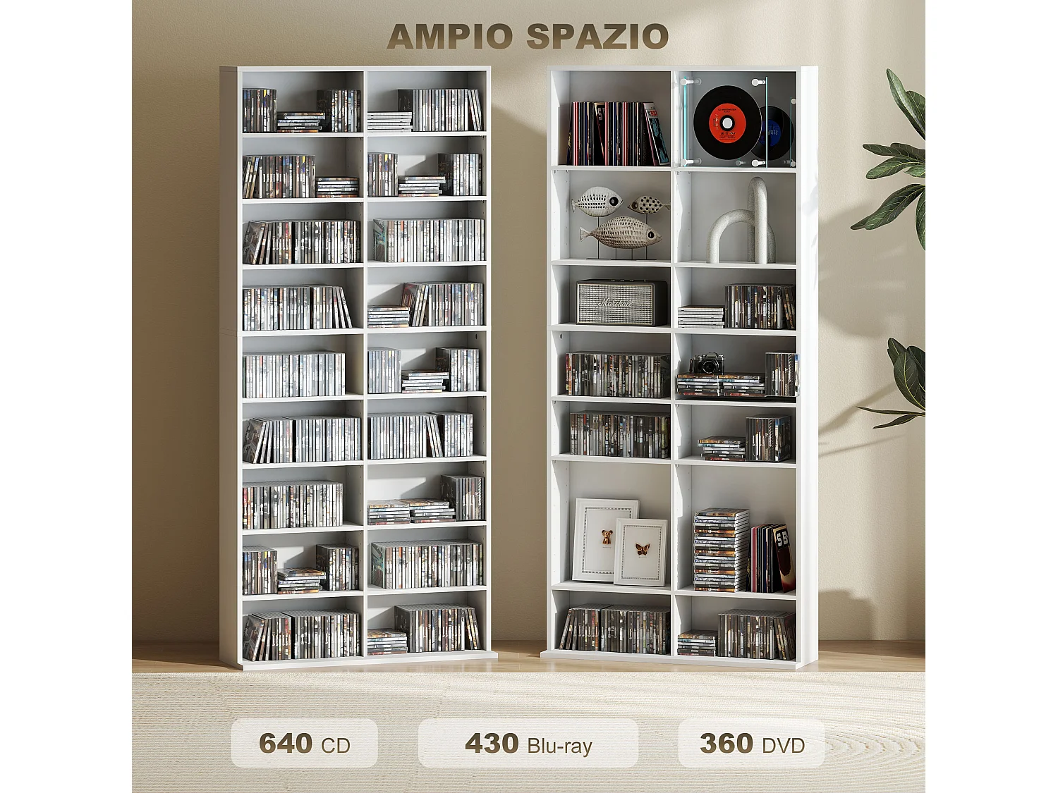 Scaffale porta cd con 14 ripiani regolabili in legno bianco