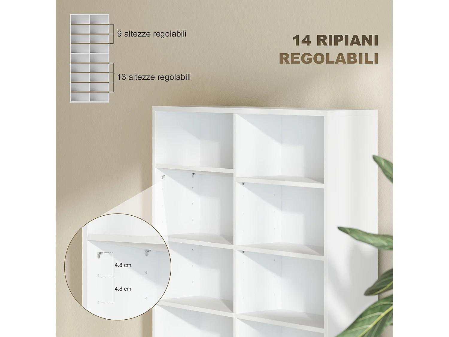 Scaffale porta cd con 14 ripiani regolabili in legno bianco