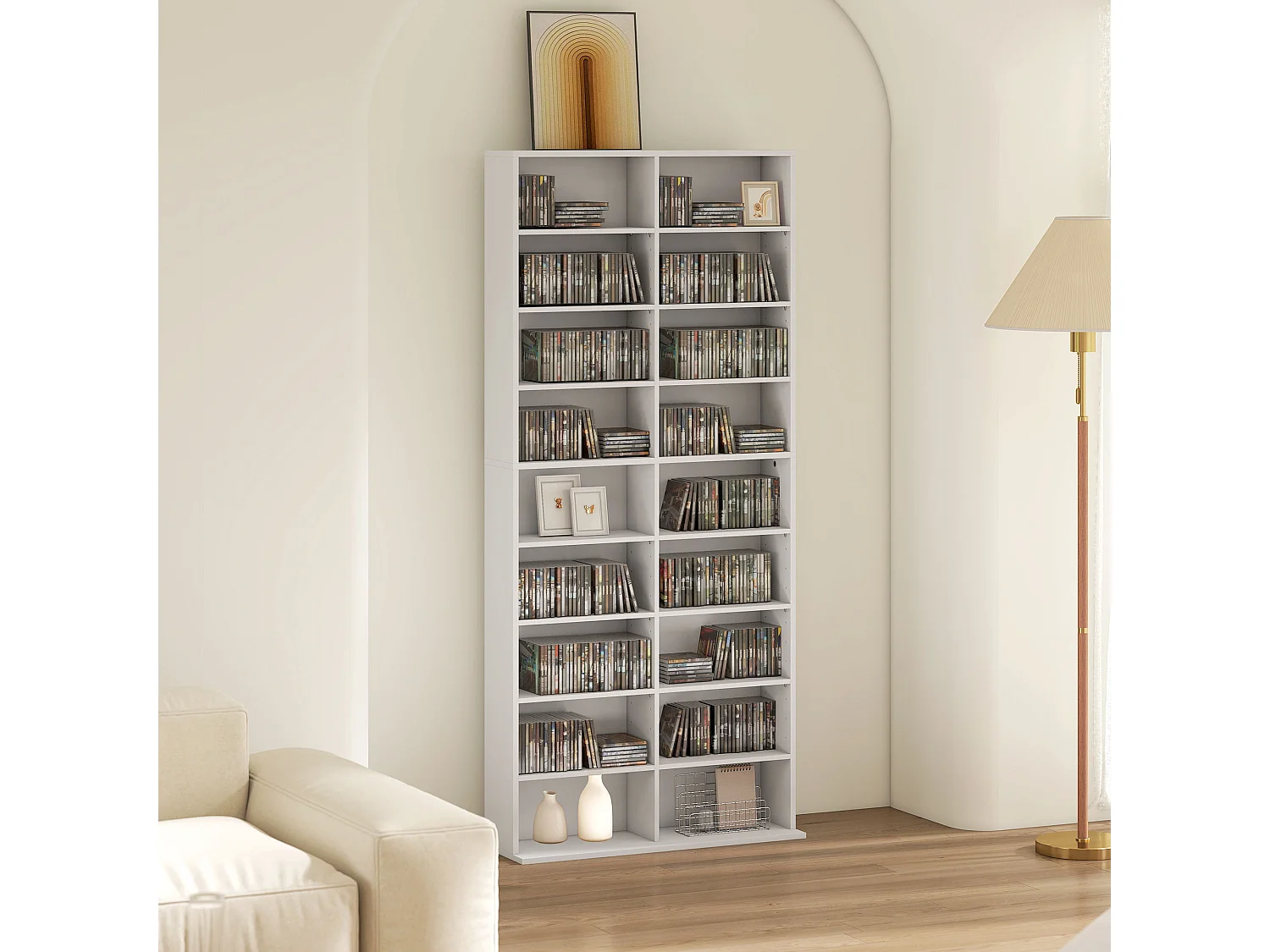 Scaffale porta cd con 14 ripiani regolabili in legno bianco