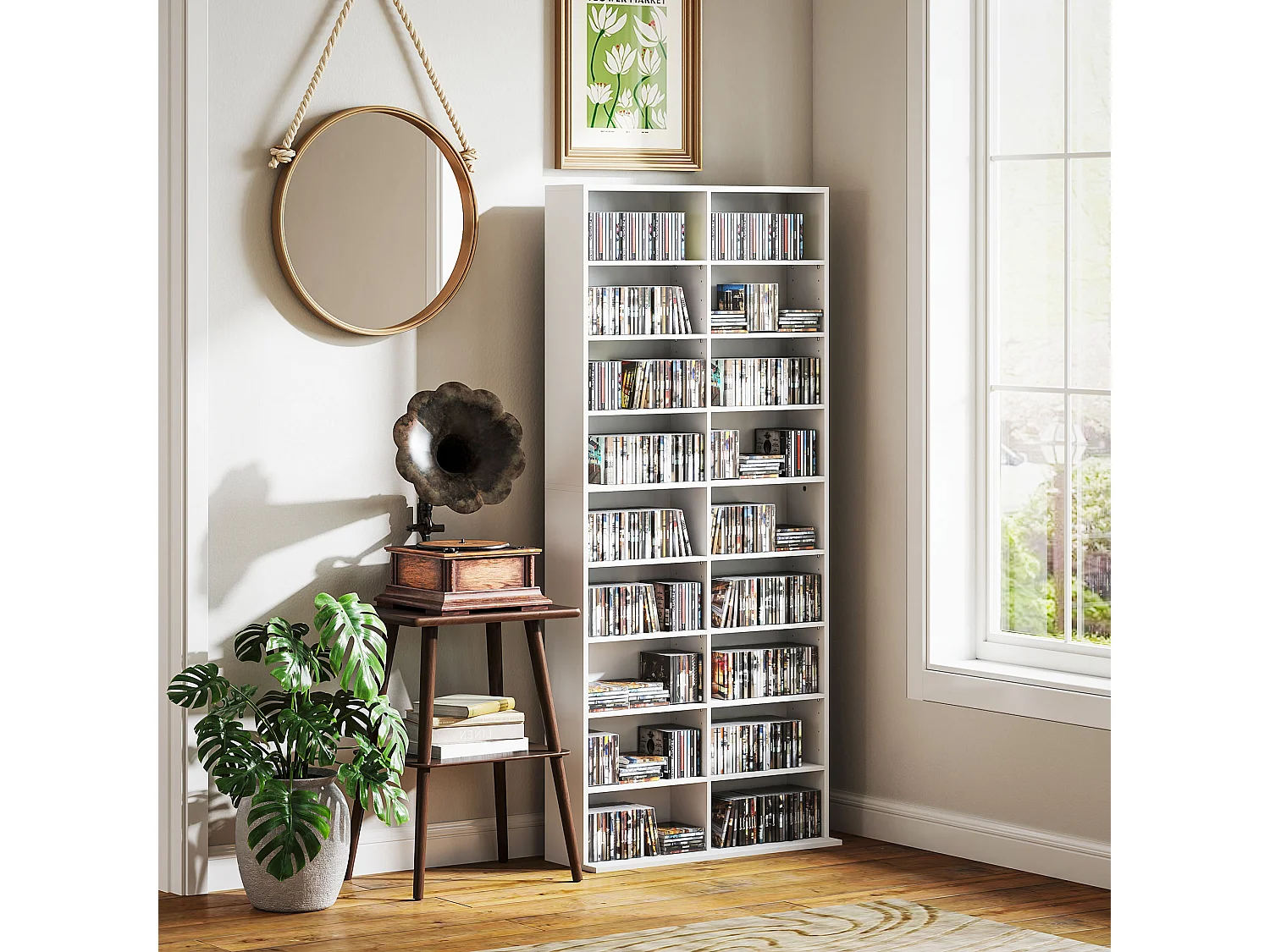 Scaffale porta cd con 14 ripiani regolabili in legno bianco