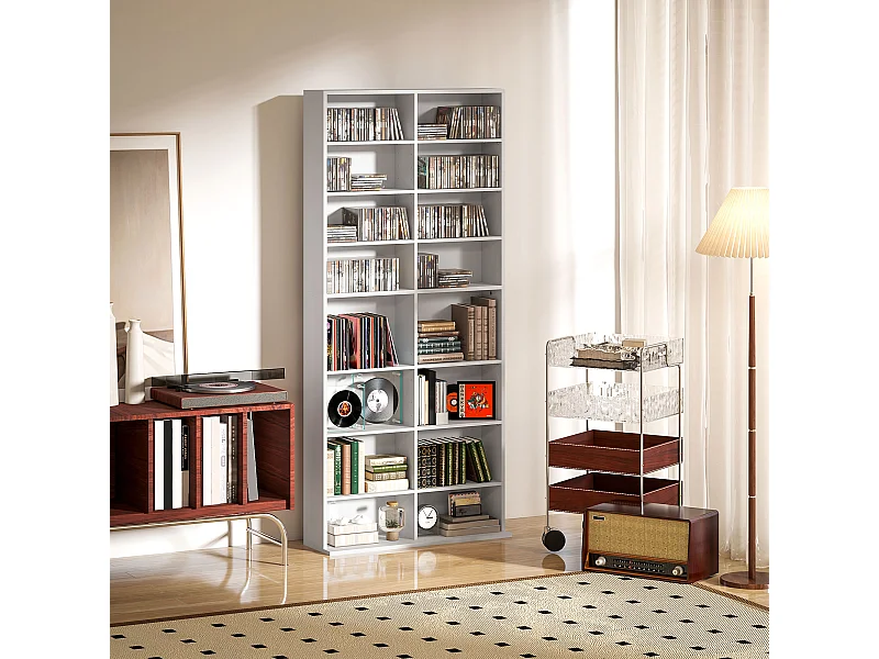 Scaffale porta cd con 14 ripiani regolabili in legno bianco