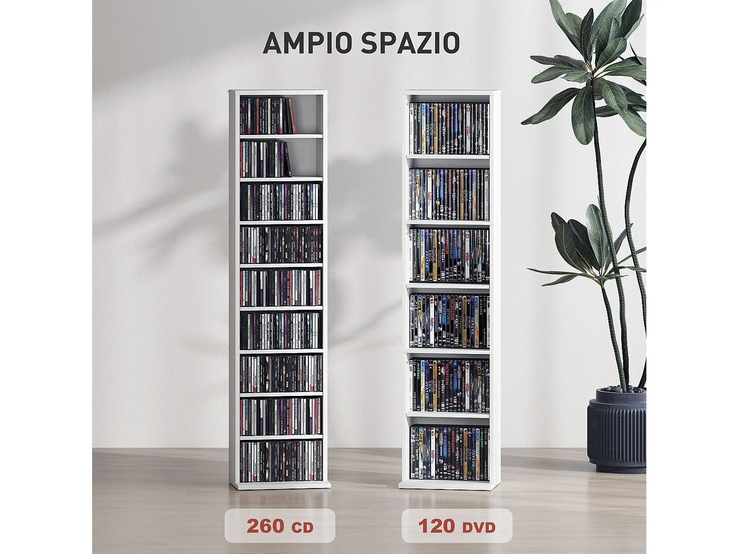 Scaffale porta cd con 6 ripiani regolabili per 260 cd/120 dvd bianco