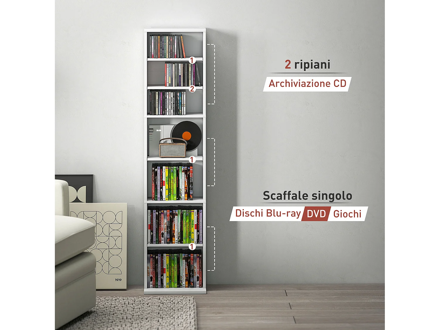 Scaffale porta cd con 6 ripiani regolabili per 260 cd/120 dvd bianco