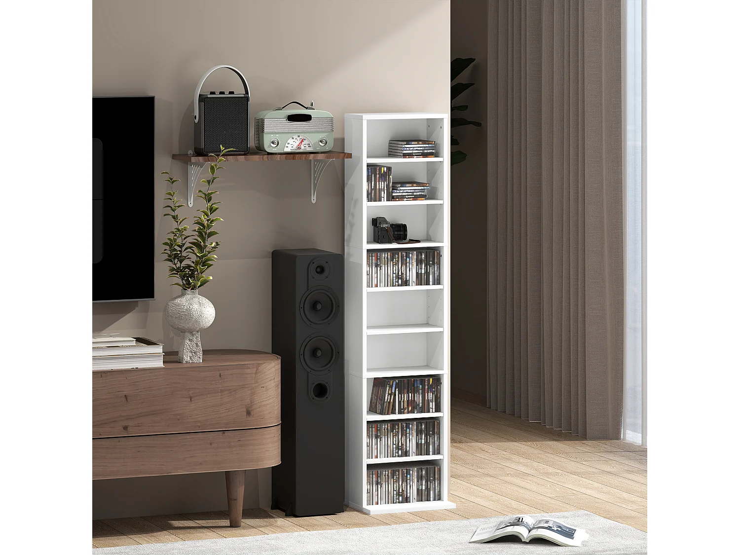 Scaffale porta cd con 6 ripiani regolabili per 260 cd/120 dvd bianco