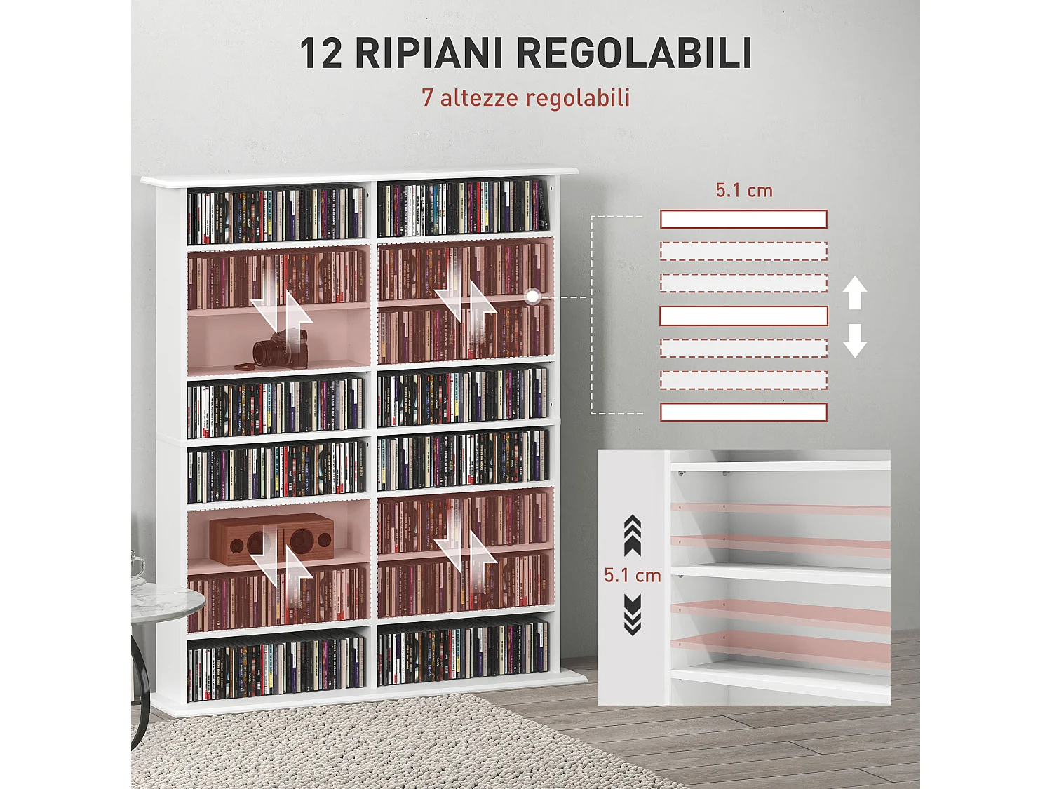 Mobile libreria a 16 ripiani 720 cd in legno 106.5x24x126.3 cm bianco