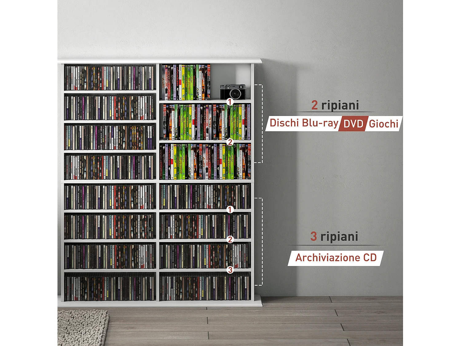 Mobile libreria a 16 ripiani 720 cd in legno 106.5x24x126.3 cm bianco