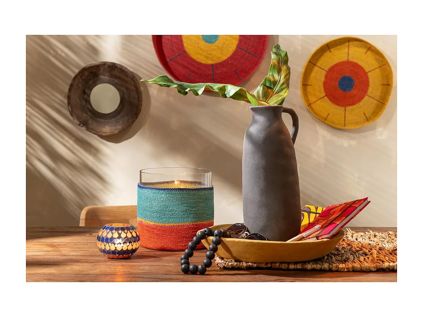 Photophore Déco Jonc de Mer "Desire" 20cm Turquoise & Orange