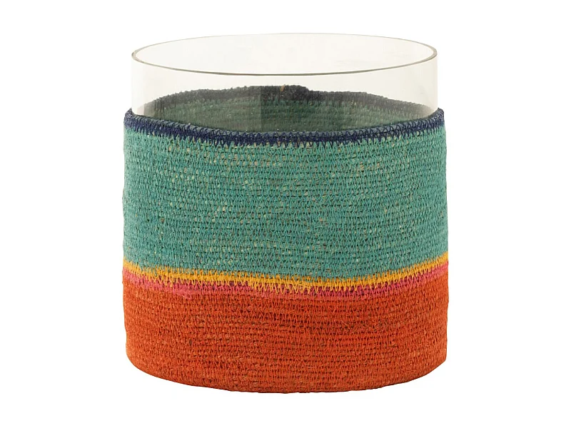 Photophore Déco Jonc de Mer "Desire" 20cm Turquoise & Orange