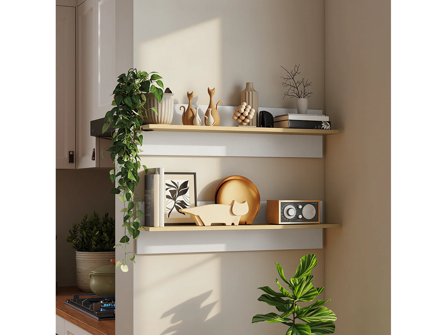 Set 2 mensole da parete per casa e ufficio 80x16.5x20cm bianco e legno