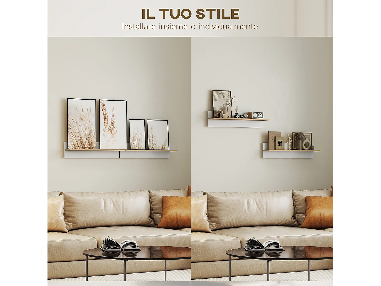 Set 2 mensole da parete per casa e ufficio 80x16.5x20cm bianco e legno