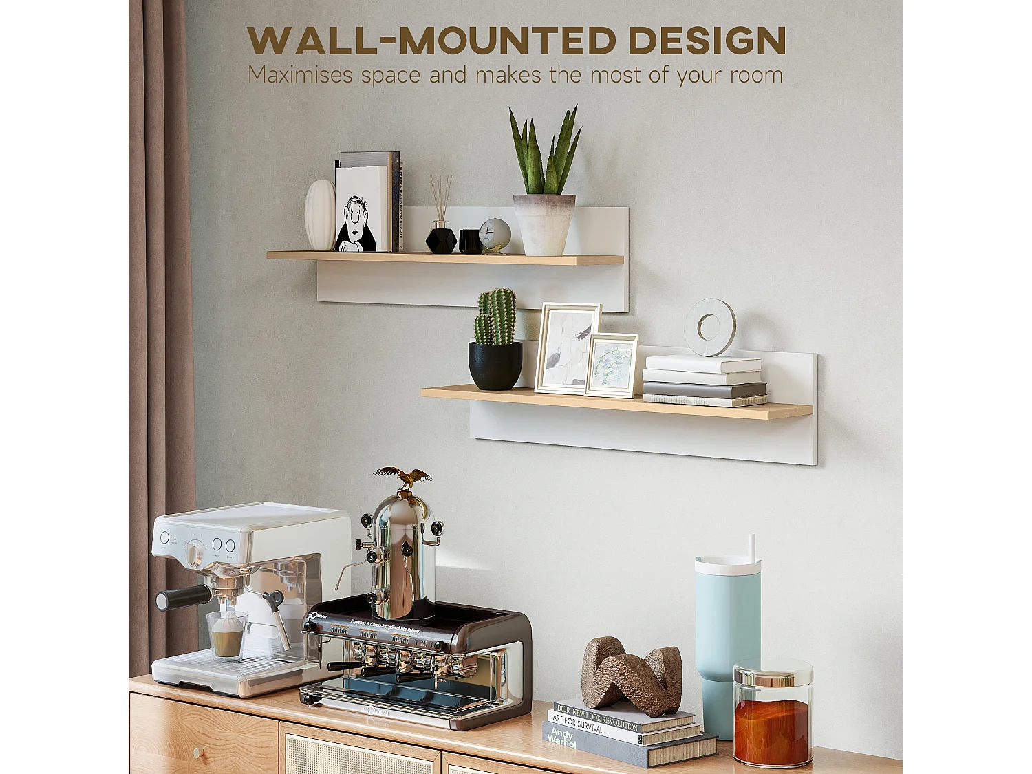 Set 2 mensole da parete per casa e ufficio 80x16.5x20cm bianco e legno