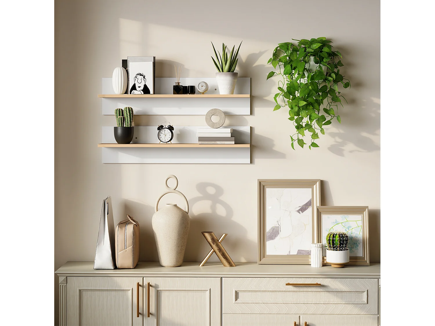 Set 2 mensole da parete per casa e ufficio 80x16.5x20cm bianco e legno