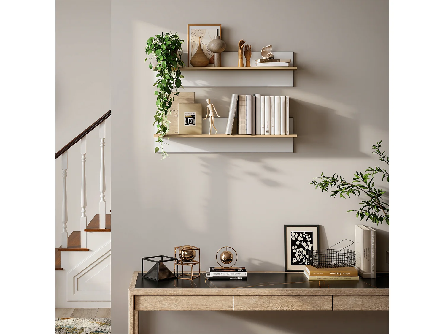 Set 2 mensole da parete per casa e ufficio 80x16.5x20cm bianco e legno