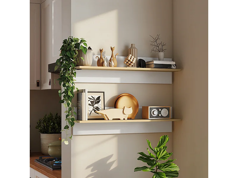 Set 2 mensole da parete per casa e ufficio 80x16.5x20cm bianco e legno