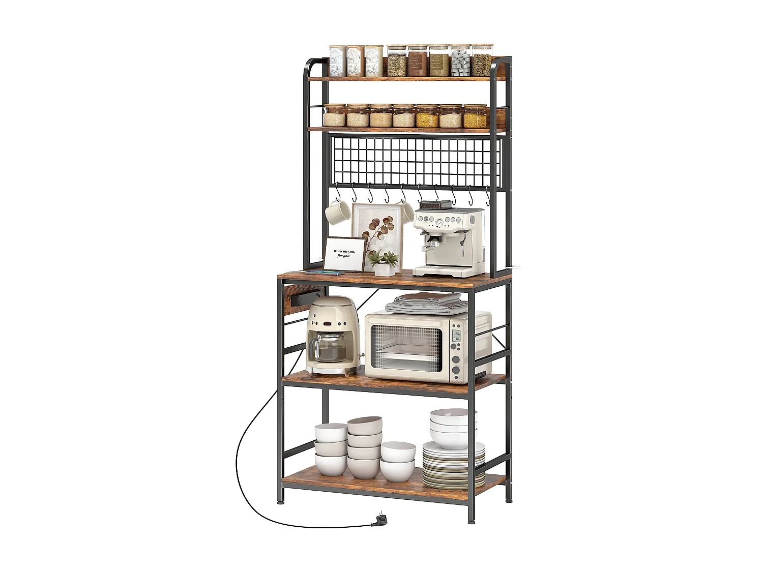 Scaffale da cucina con punto di ricarica, 5 ripiani e 10 ganci marrone