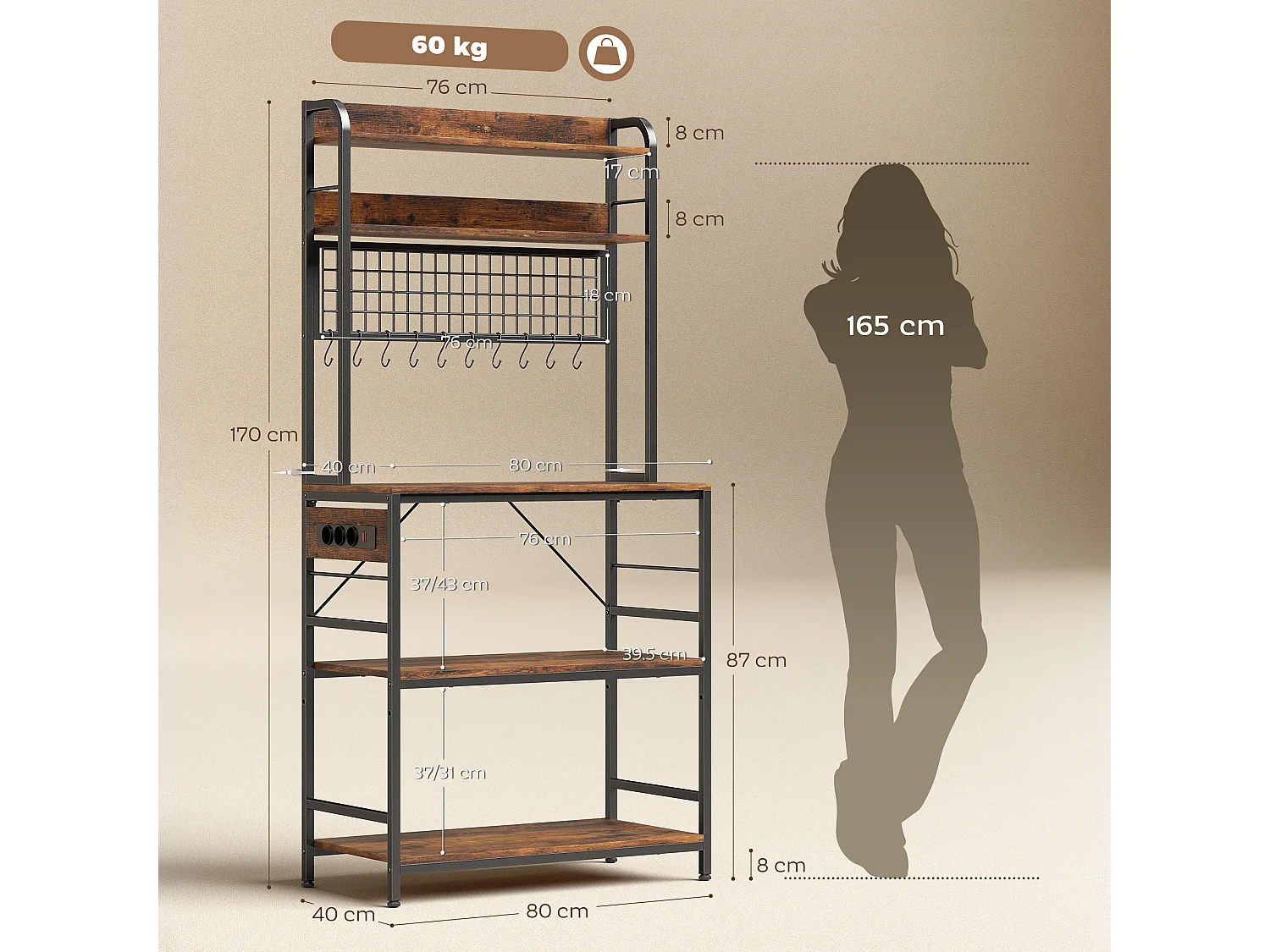 Scaffale da cucina con punto di ricarica, 5 ripiani e 10 ganci marrone