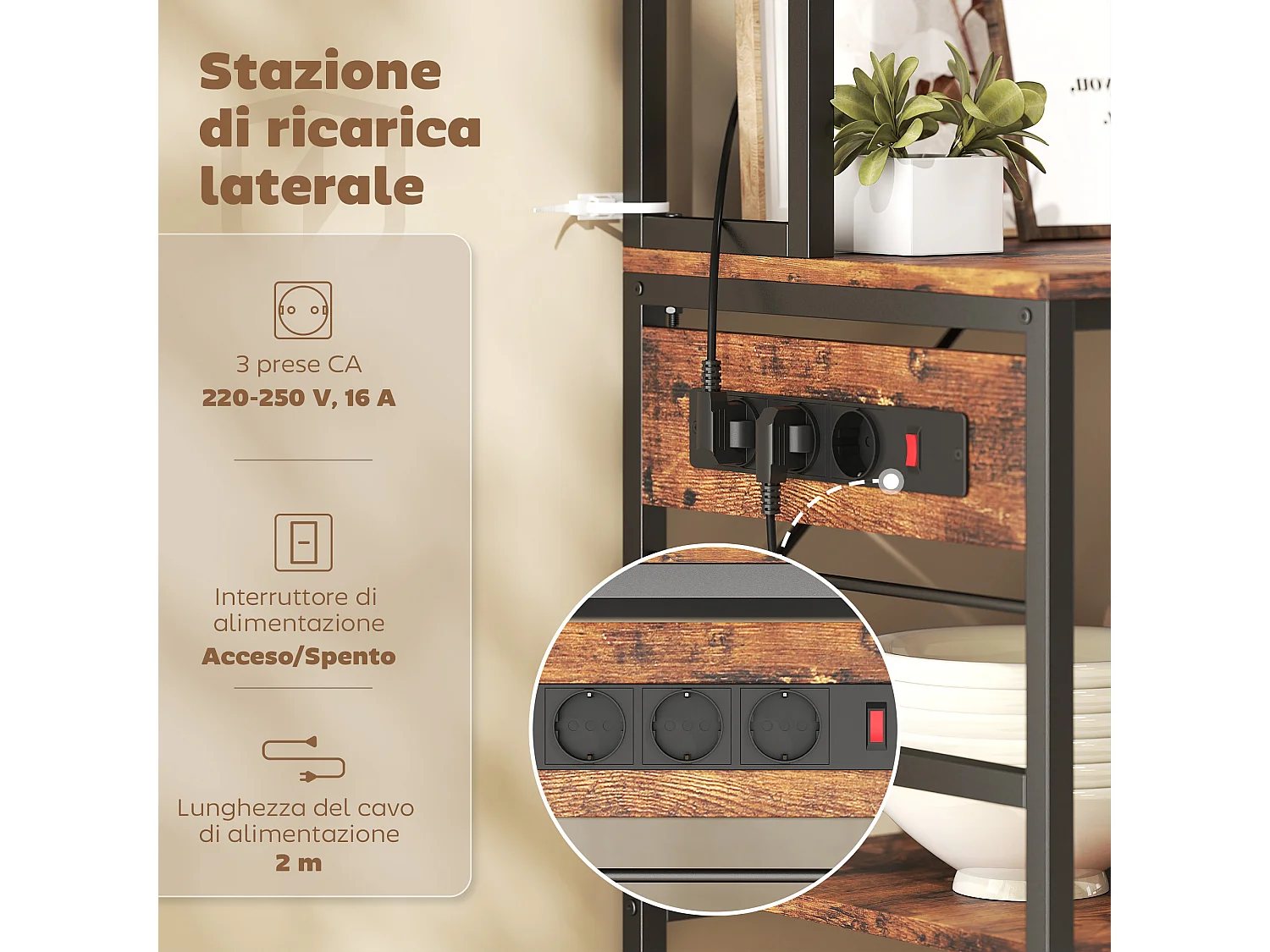 Scaffale da cucina con punto di ricarica, 5 ripiani e 10 ganci marrone