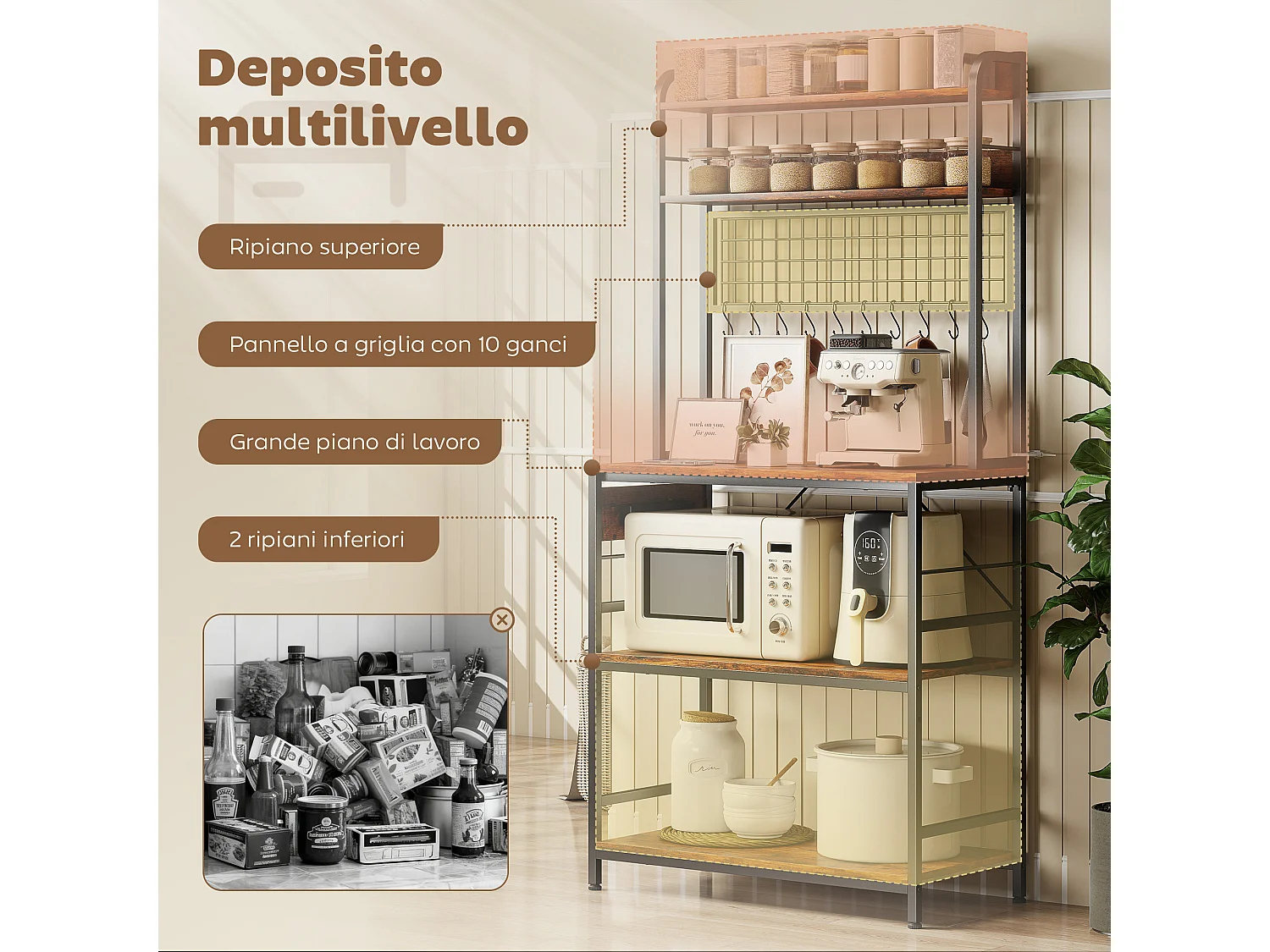 Scaffale da cucina con punto di ricarica, 5 ripiani e 10 ganci marrone