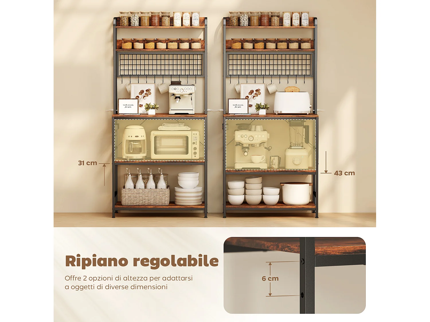 Scaffale da cucina con punto di ricarica, 5 ripiani e 10 ganci marrone