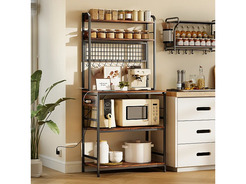 Scaffale da cucina con punto di ricarica, 5 ripiani e 10 ganci marrone