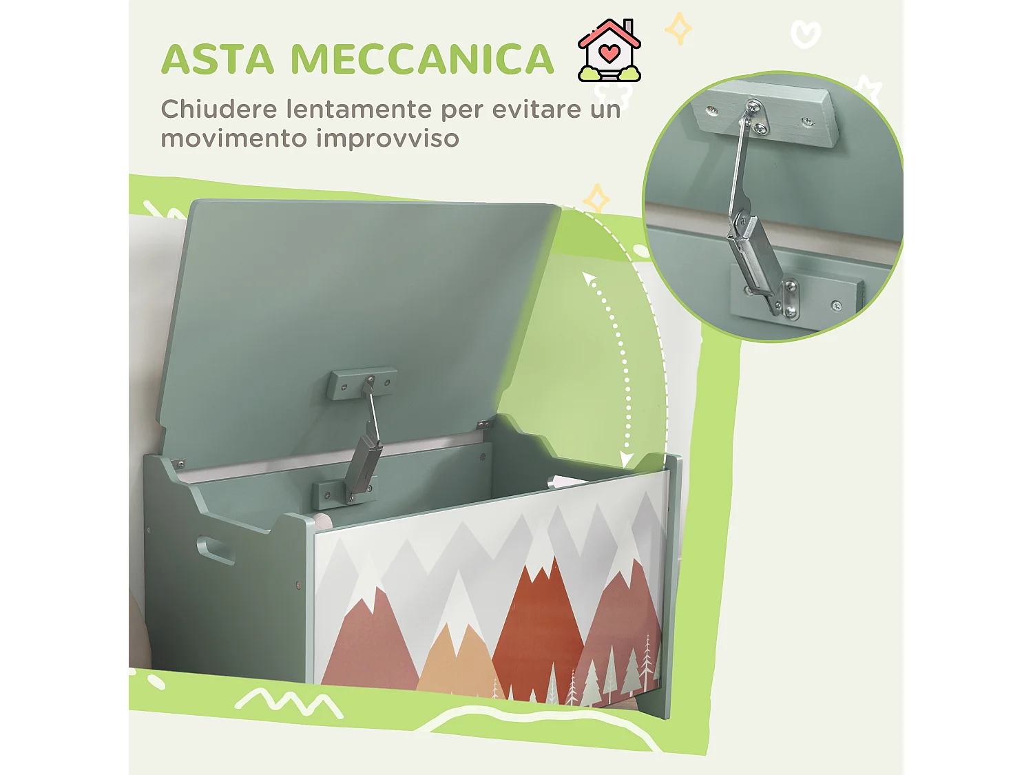 Baule cassapanca portagiochi per bambini in mdf verde