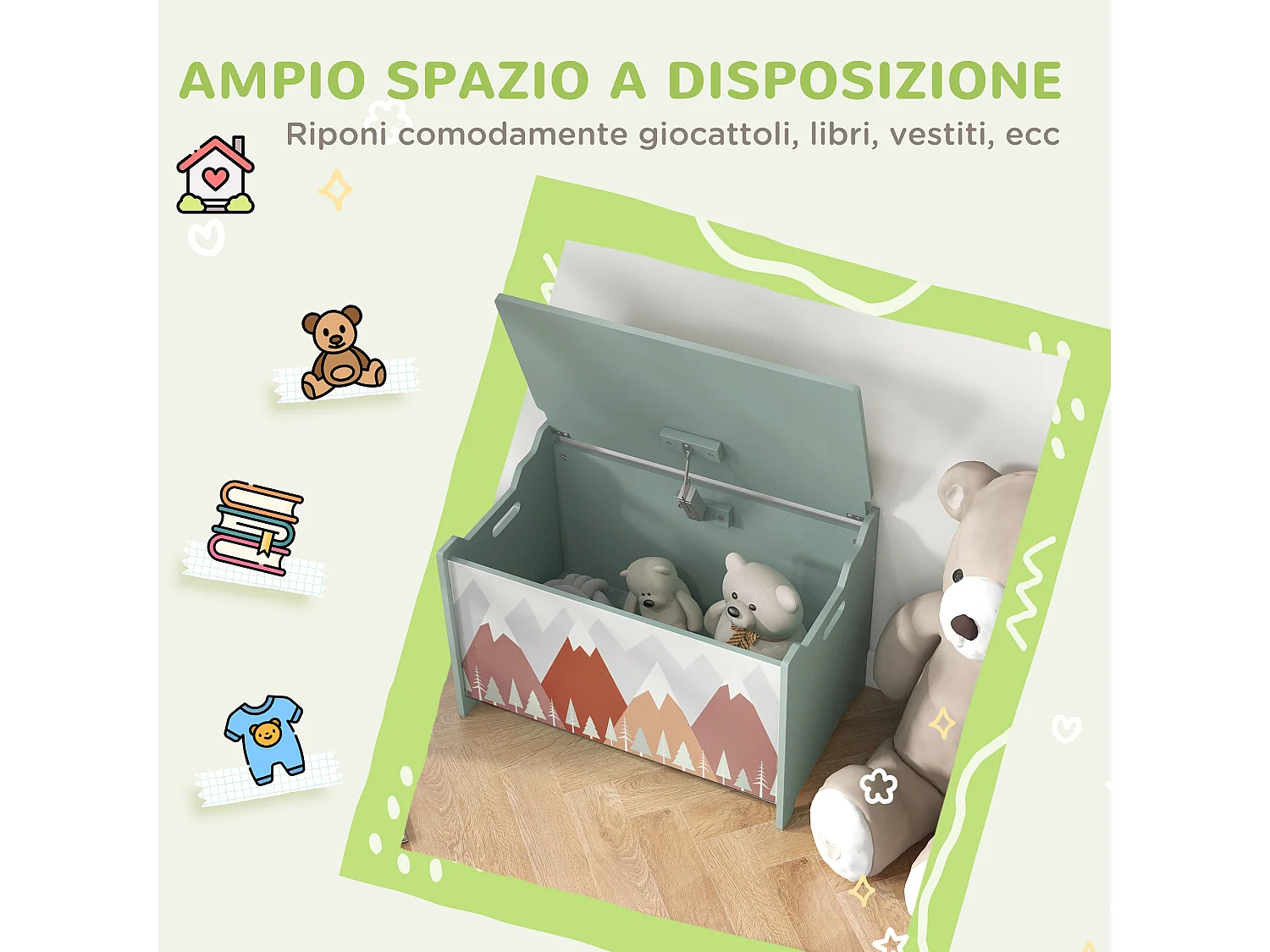 Baule cassapanca portagiochi per bambini in mdf verde