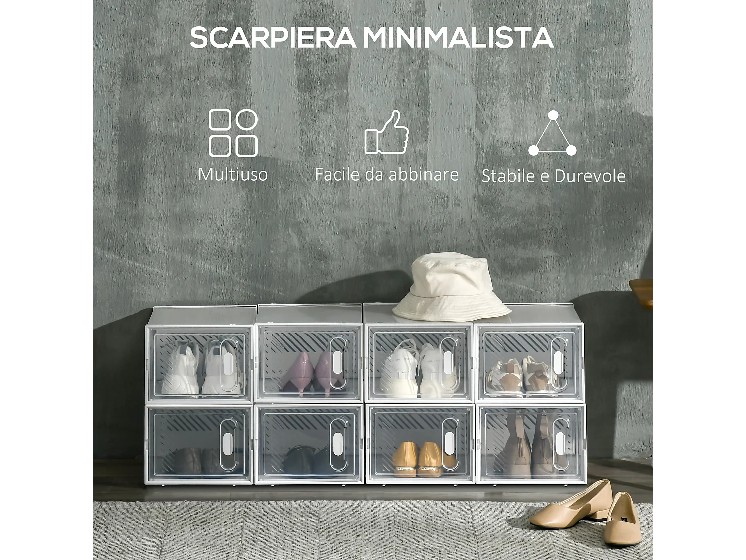 8 cubi contenitori in pp bianco e trasparente con porta magnetica