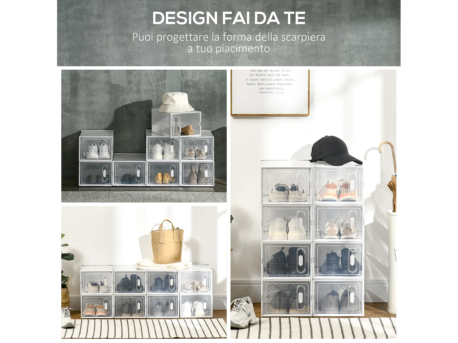 8 cubi contenitori in pp bianco e trasparente con porta magnetica