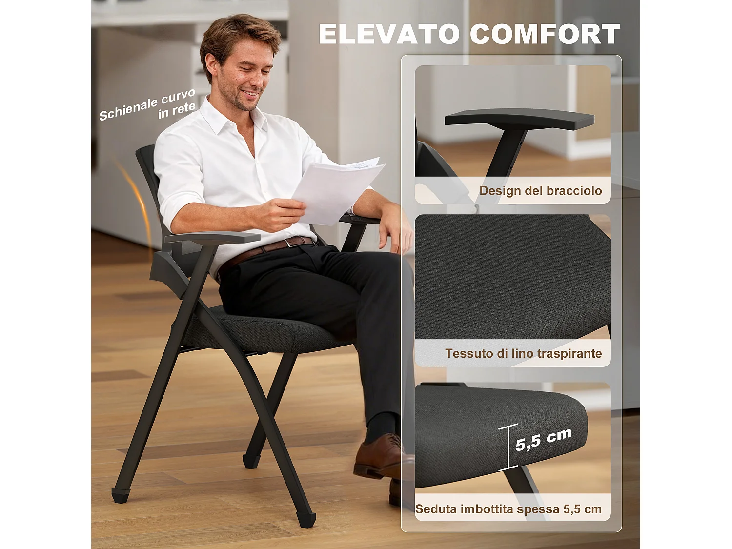 Set 2 sedie pieghevoli con schienale curvo e braccioli nero