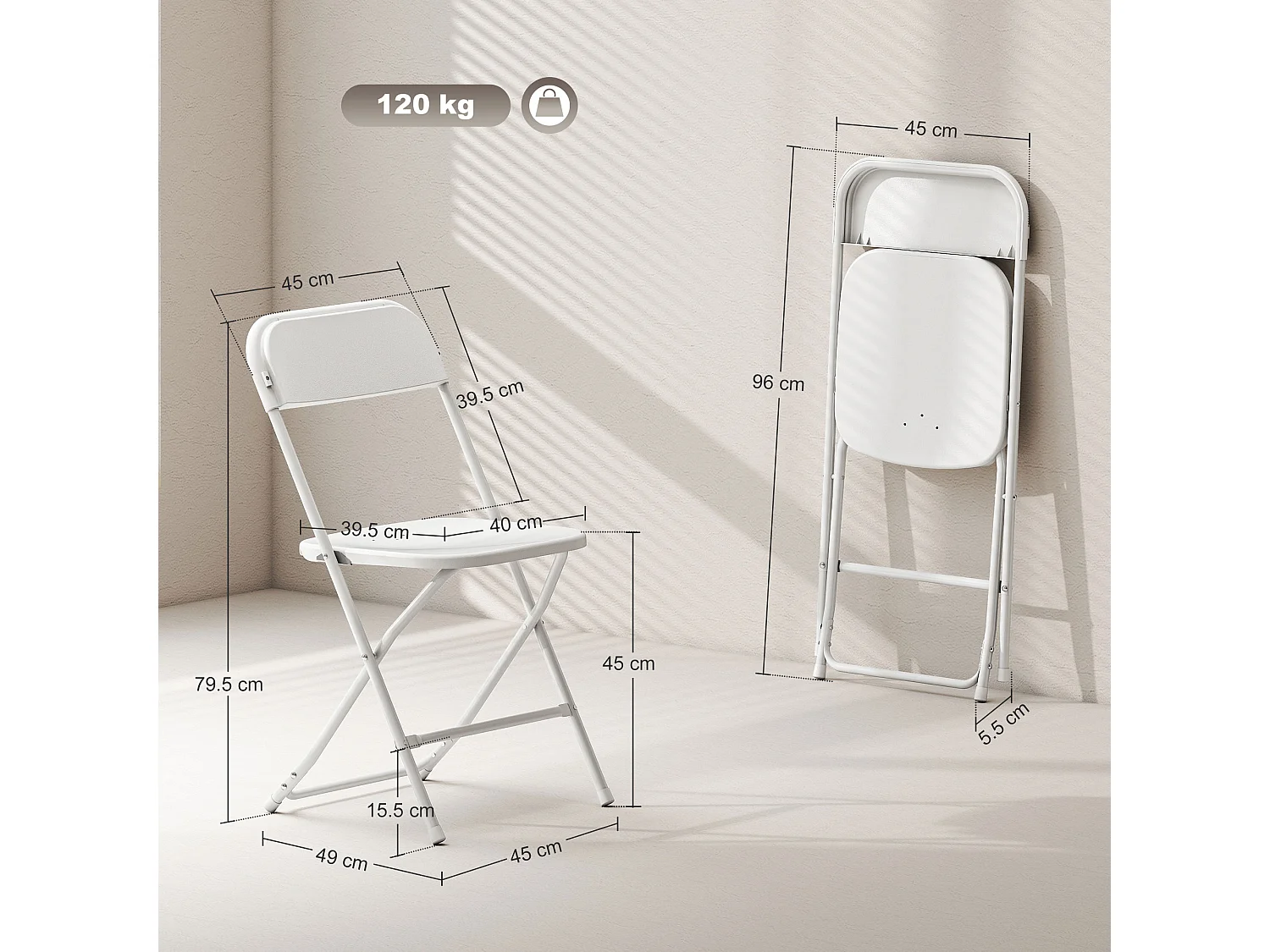 Set 4 sedie pieghevoli con fori di drenaggio 45x49x79.5 cm bianco