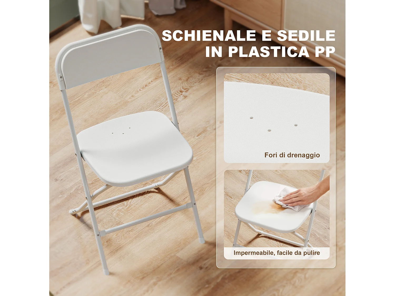 Set 4 sedie pieghevoli con fori di drenaggio 45x49x79.5 cm bianco