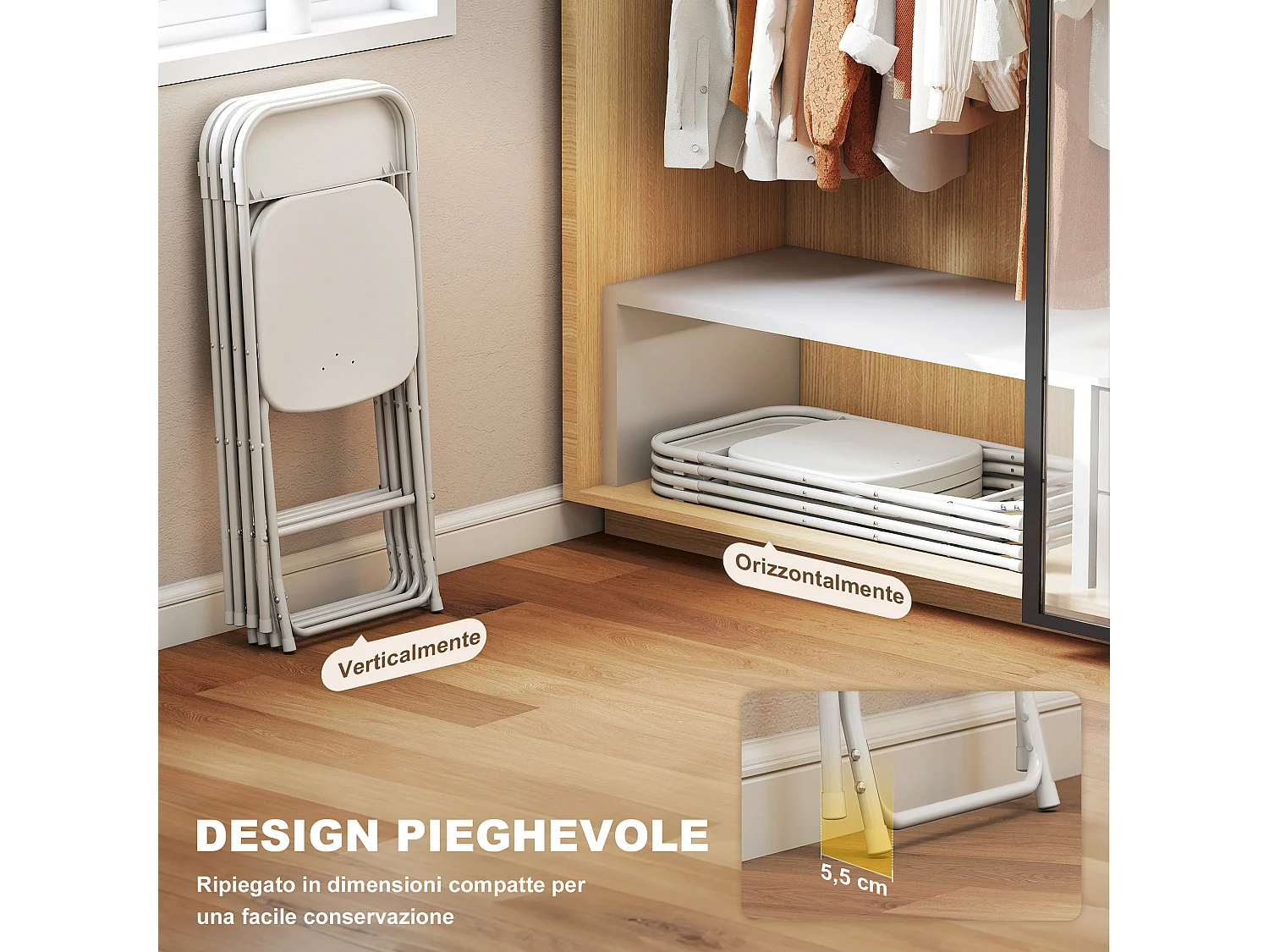 Set 4 sedie pieghevoli con fori di drenaggio 45x49x79.5 cm bianco