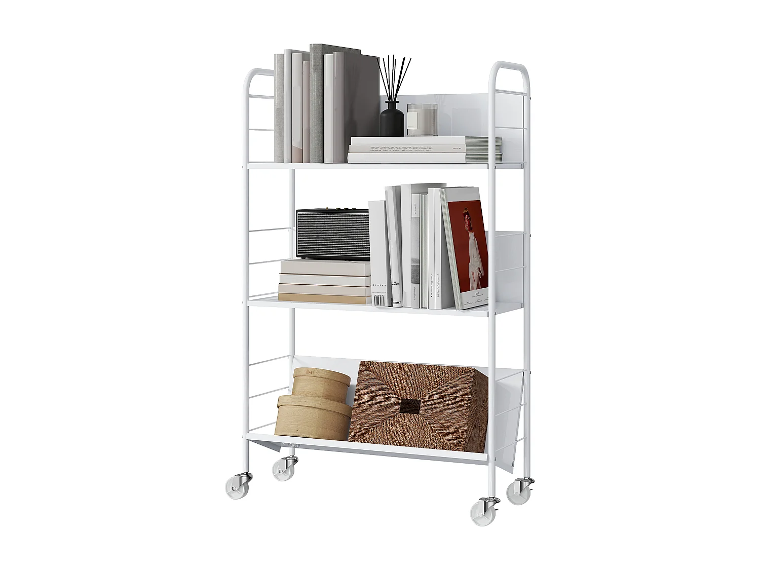Carrello portalibri con ruote girevoli e 3 ripiani bianco